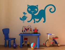Cute Cat And Birds - Kids Room Wall Stickers