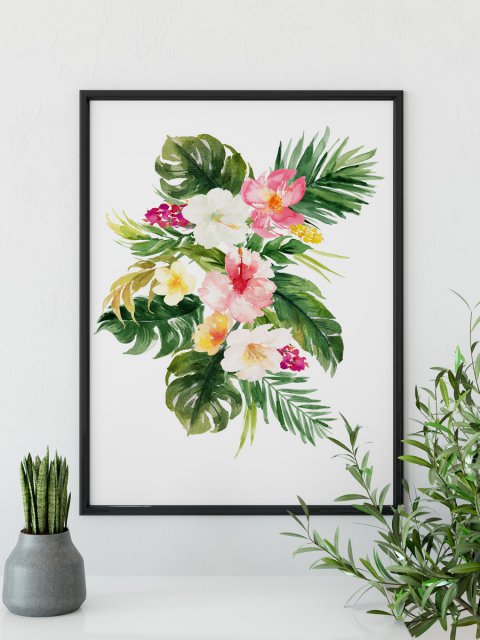 Tropical Garden Poster Watercolour Flowers & Leaves Exotic Print | Wall ...