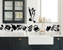Stylish set of large kitchen silhouette background for tiles, fridge or wall