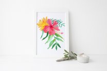 Exotic Watercolour Poster Hibiscus Flower & Tropical Leaves Modern Print